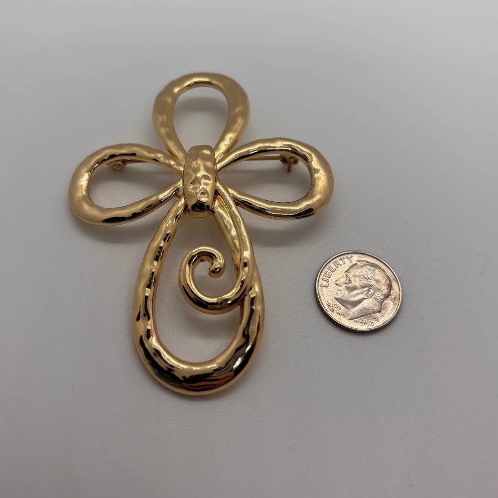 Vintage Gold Tone Cross Brooch Large Sculptural Ribbon Designer Pin - Picture 5 of 9